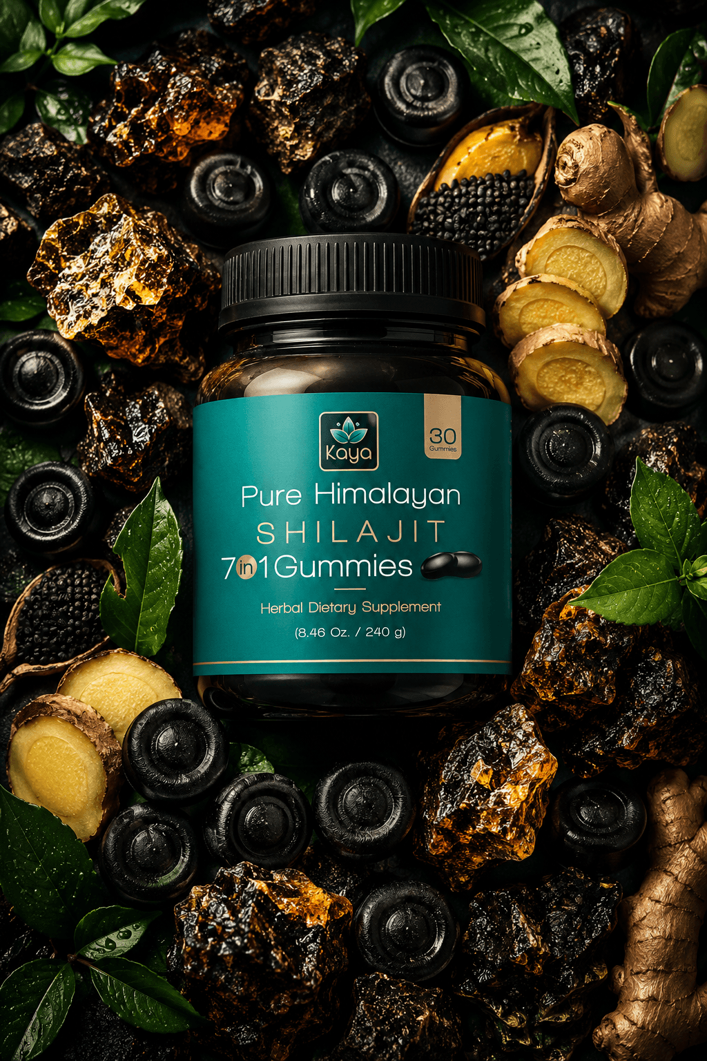 Kaya Pure Himalayan Shilajit 7-in-1 Gummies bottle with ginger, shilajit resin, and herbs