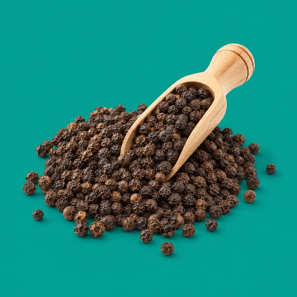 Black peppercorns with a wooden scoop