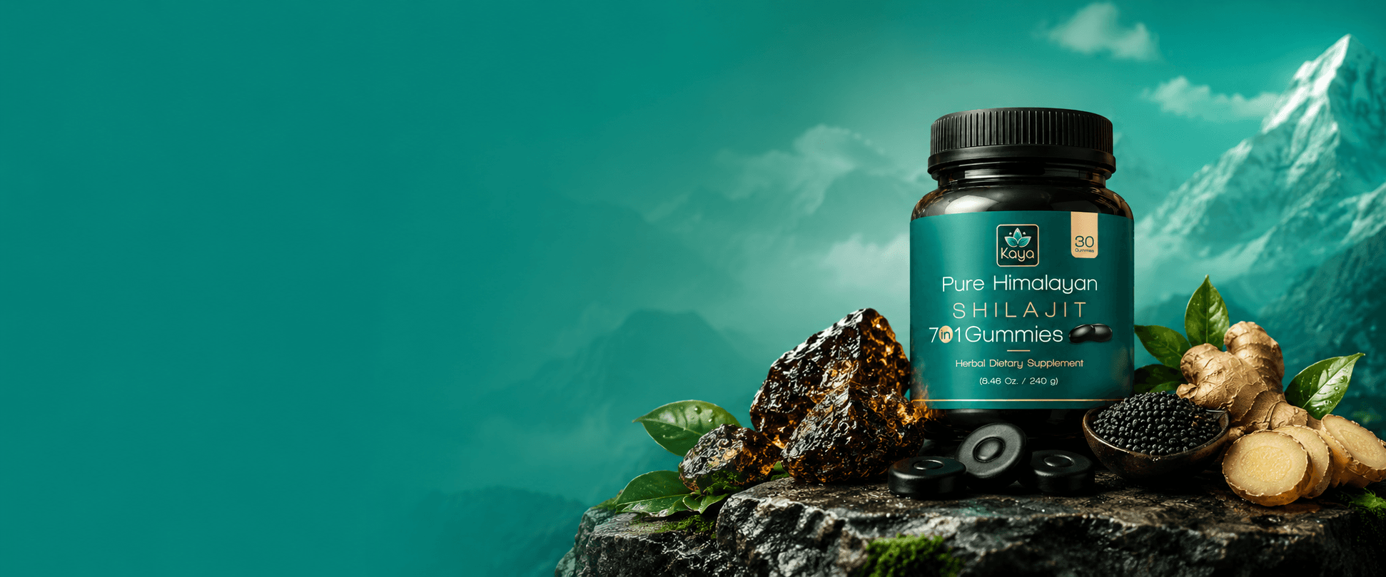 Kaya Pure 7-in-1 Shilajit Gummies jar on Himalayan rock with botanicals