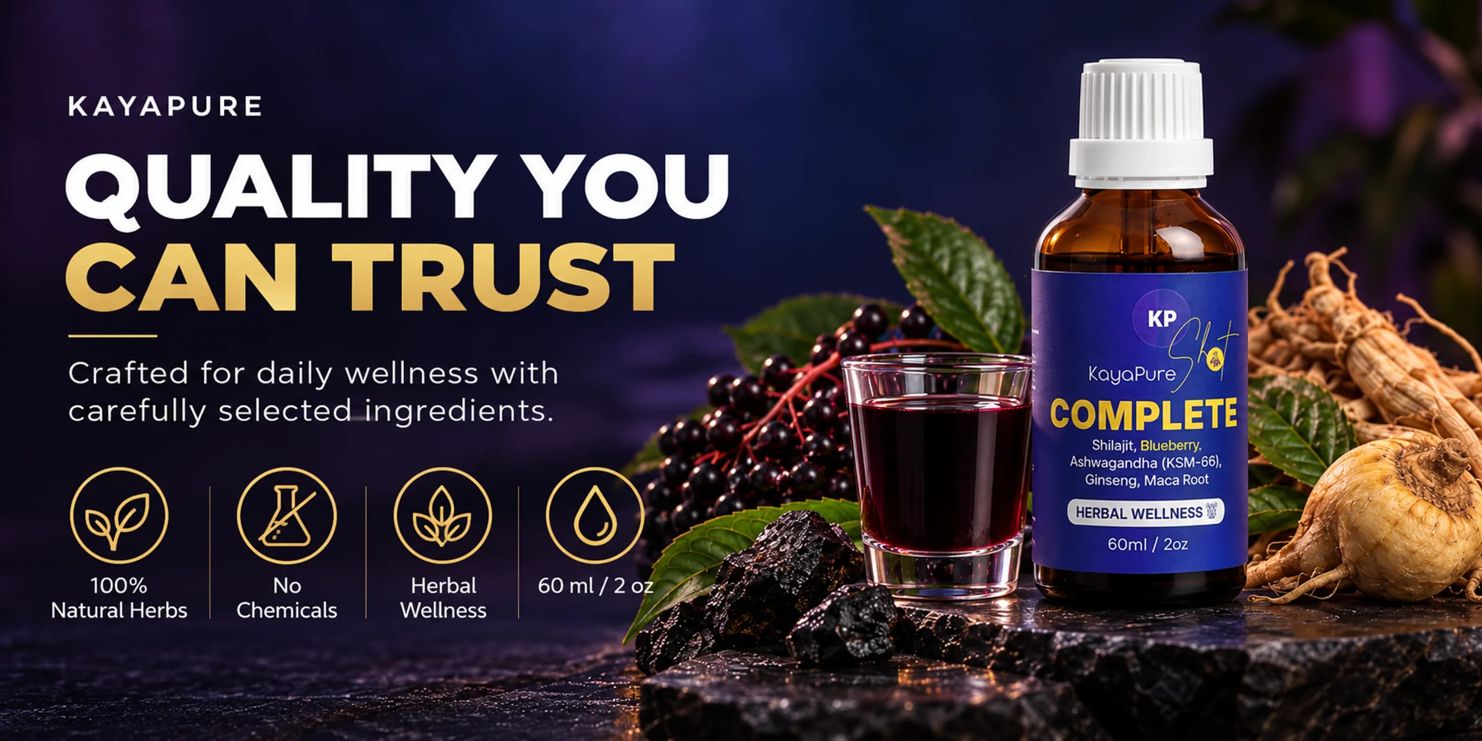 Quality you can trust — KayaPure Blueberry Complete Shot with 100% natural herbs and herbal wellness