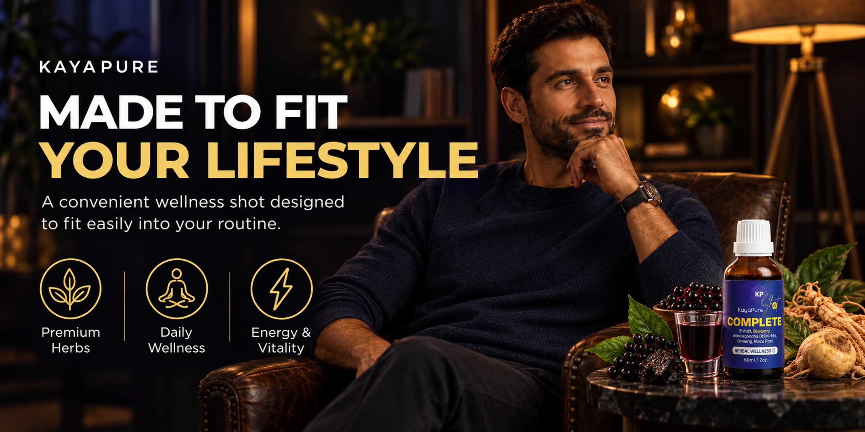 Made to fit your lifestyle — KayaPure Blueberry Complete Shot with premium herbs, daily wellness, and energy & vitality