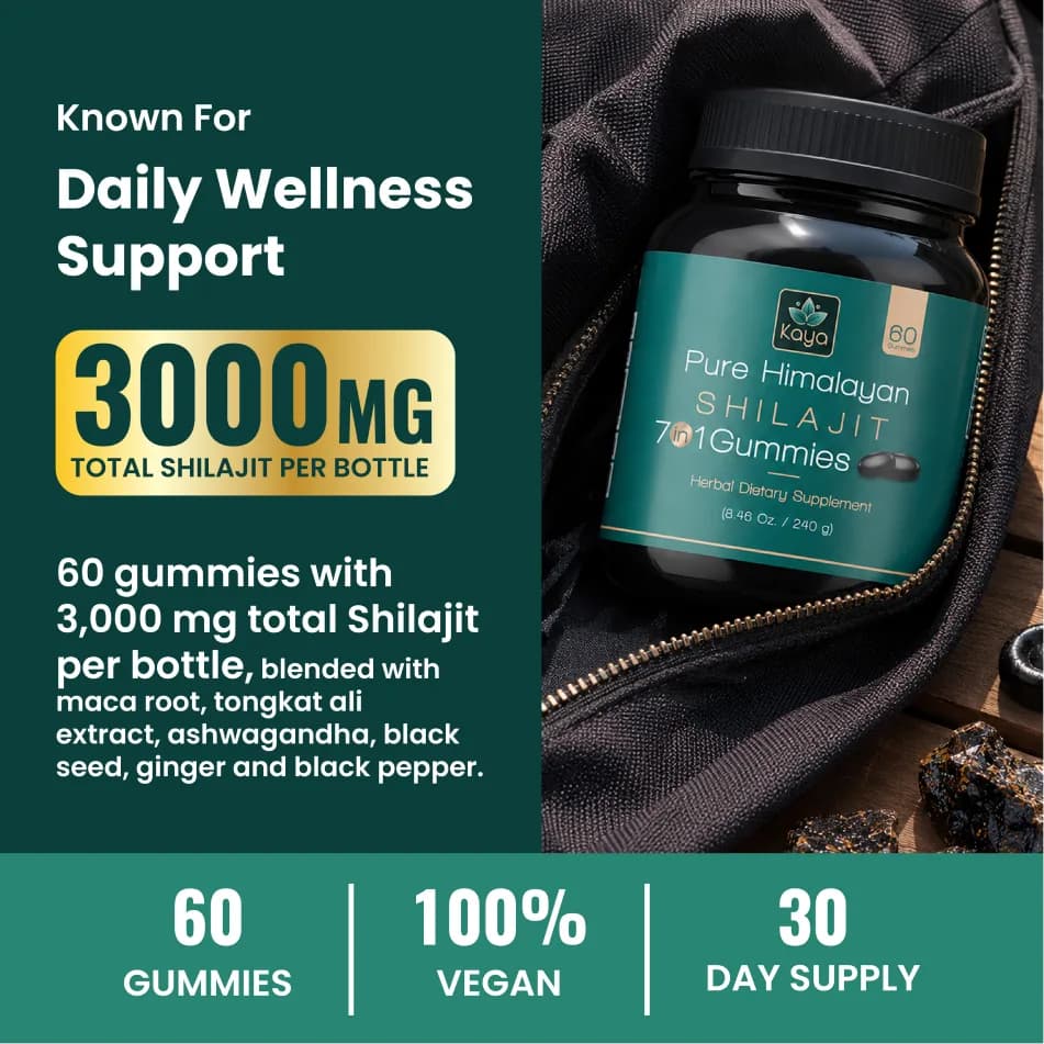 Known for daily wellness support — 3000mg total Shilajit per bottle with 60 gummies, 100% vegan, 30-day supply