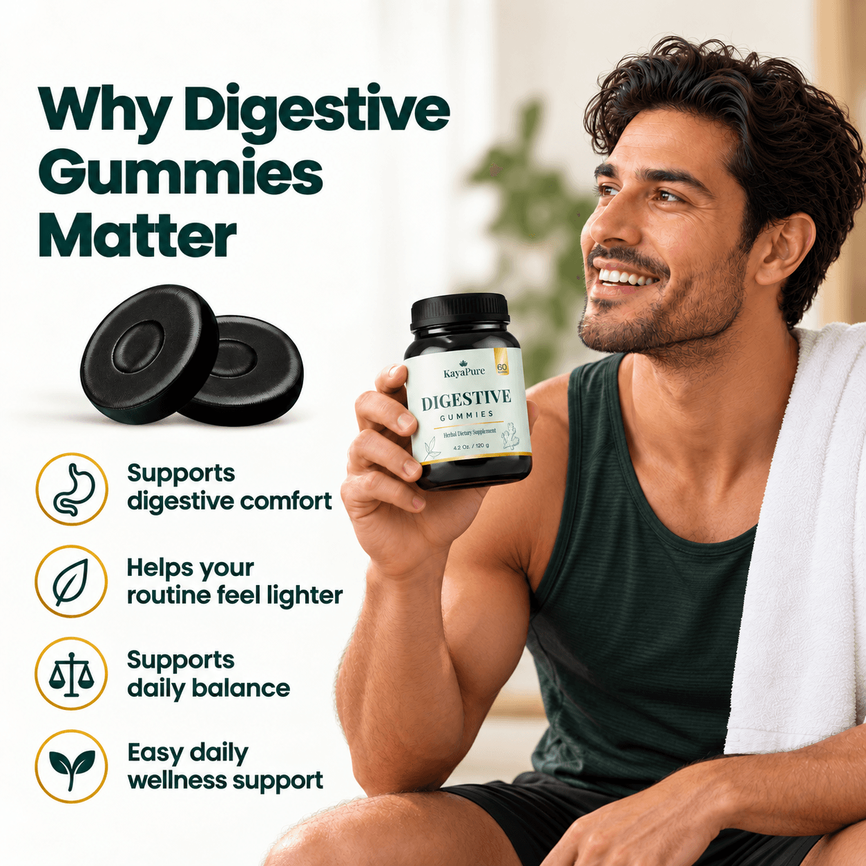 Why Digestive Gummies Matter — athlete holding Kaya Pure Digestive Gummies with daily benefits