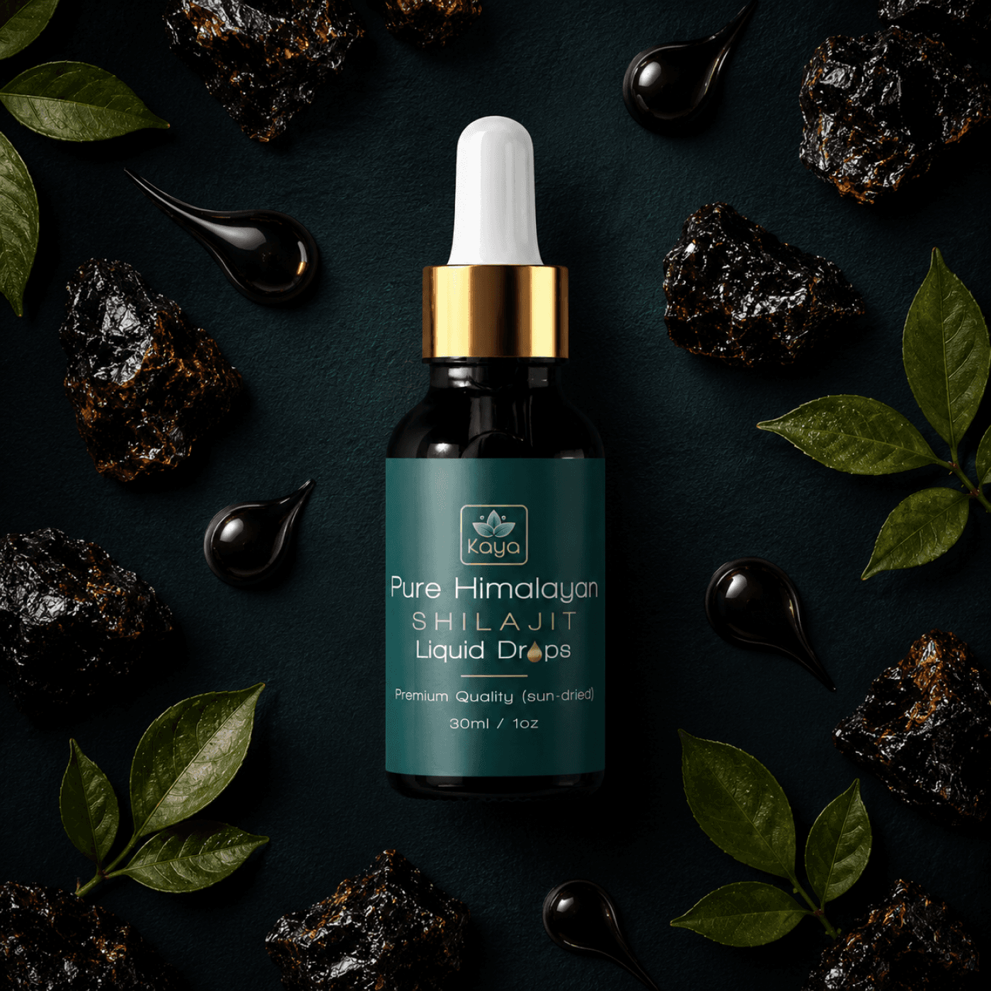 KayaPure Pure Himalayan Shilajit Liquid Drops bottle with raw resin