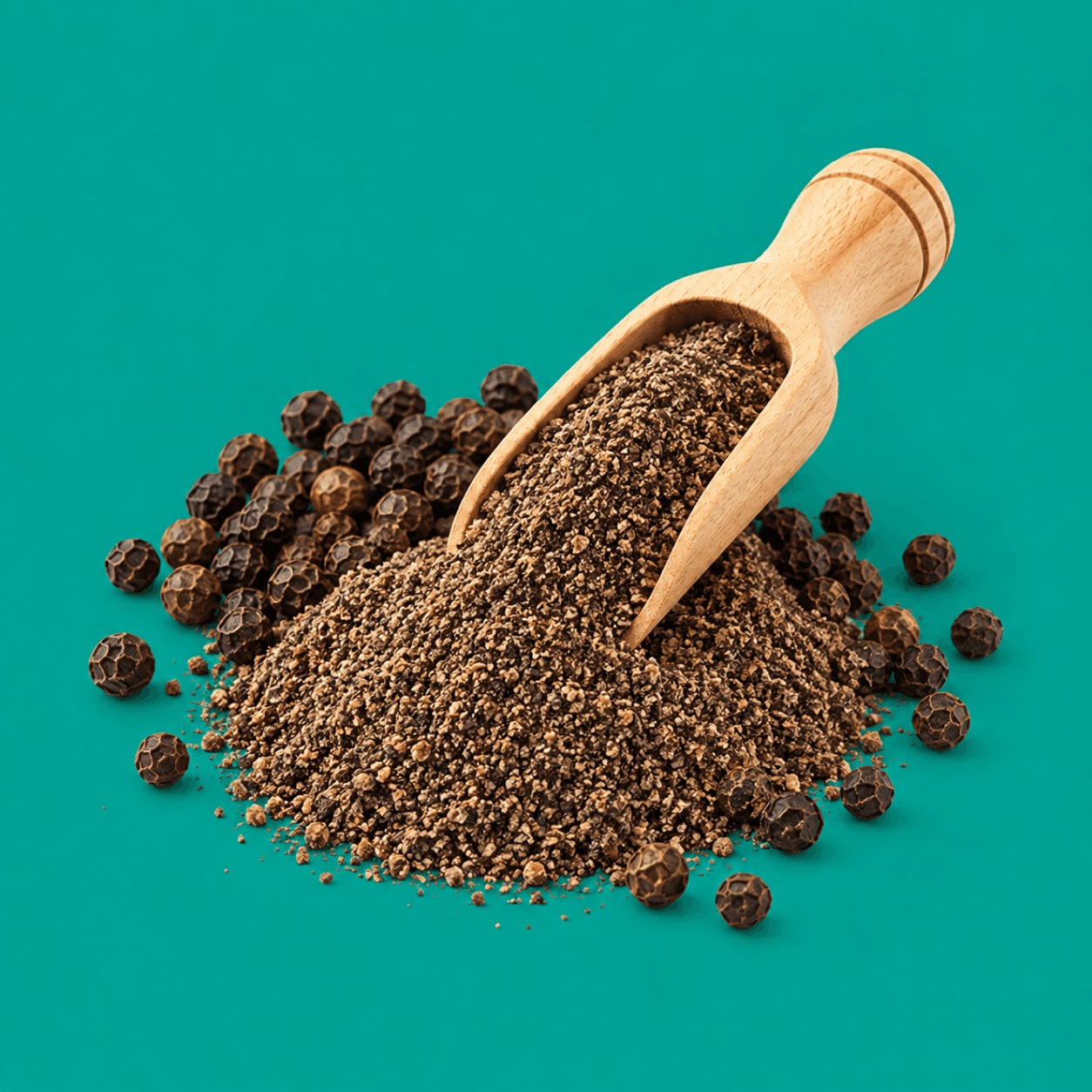 Black peppercorns with a wooden scoop